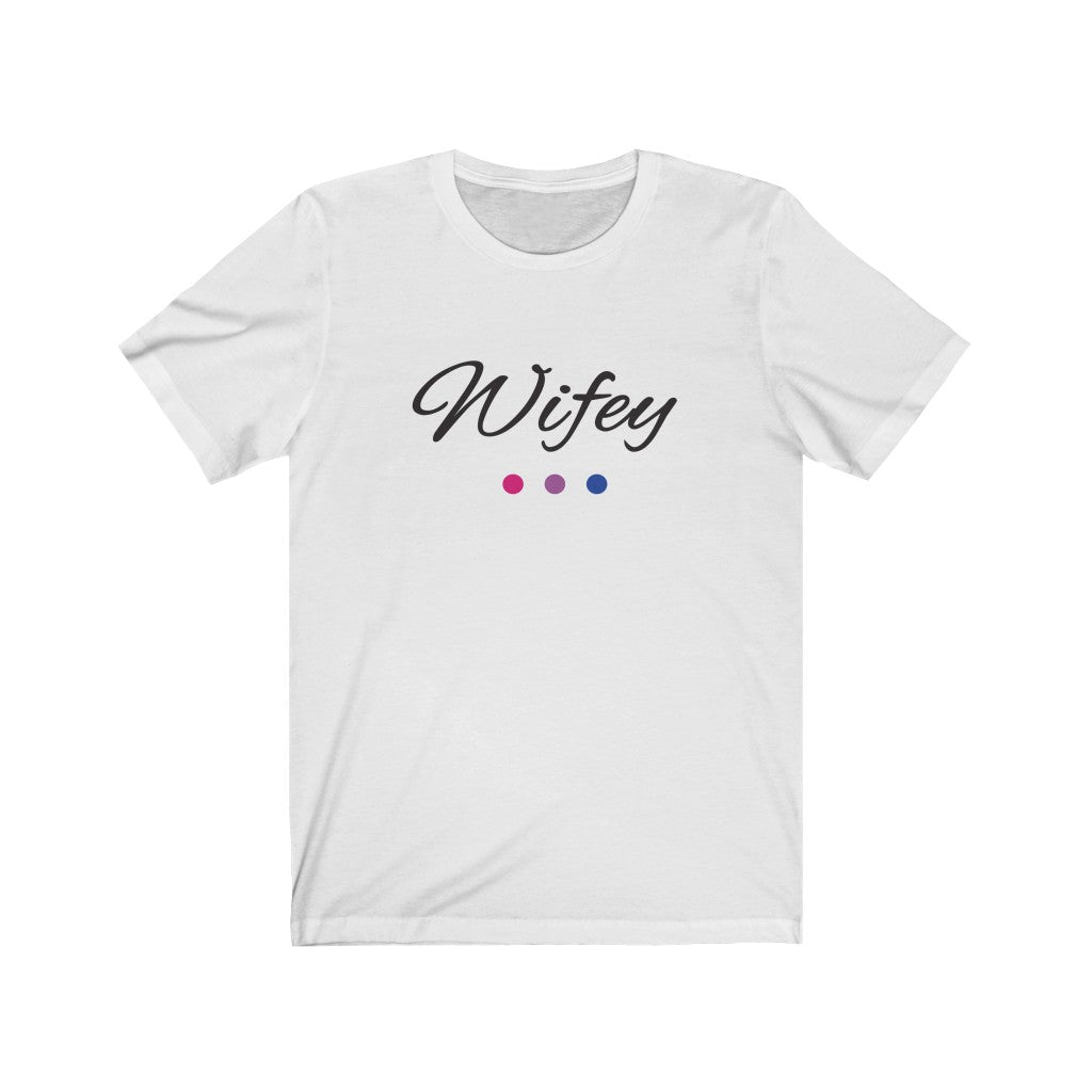White Crewneck Tshirt with Wifey in Black Cursive - Bi-sexual Pride Color Dot Underline