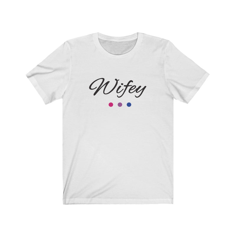 White Crewneck Tshirt with Wifey in Black Cursive - Bi-sexual Pride Color Dot Underline