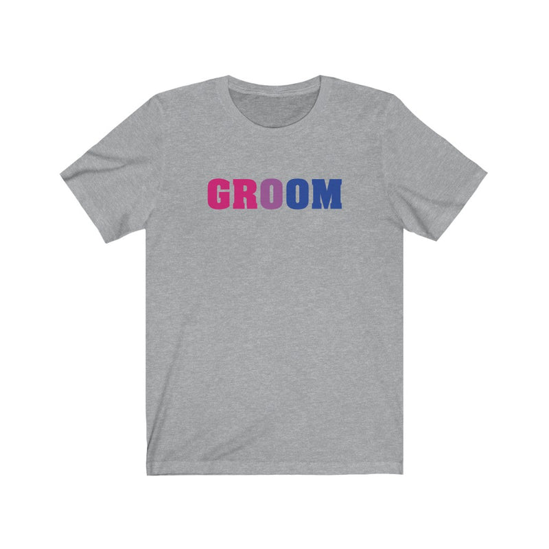 Wedding Day Athletic Heather Grey Crewneck Tshirt with GROOM in Bi-sexual Pride Colored Block Letters 