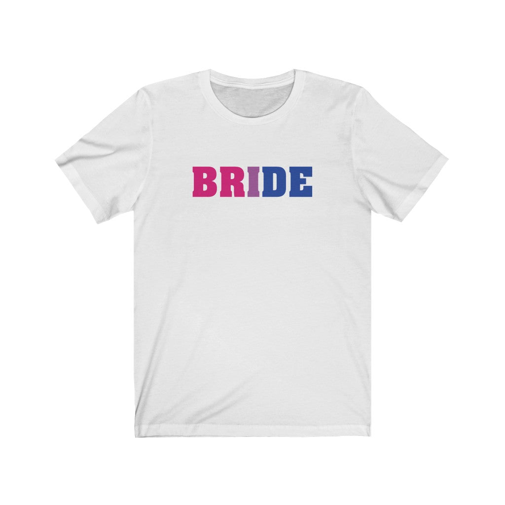 Wedding Day White Crewneck Tshirt with BRIDE in Bi-sexual Pride Colored Block Letters 