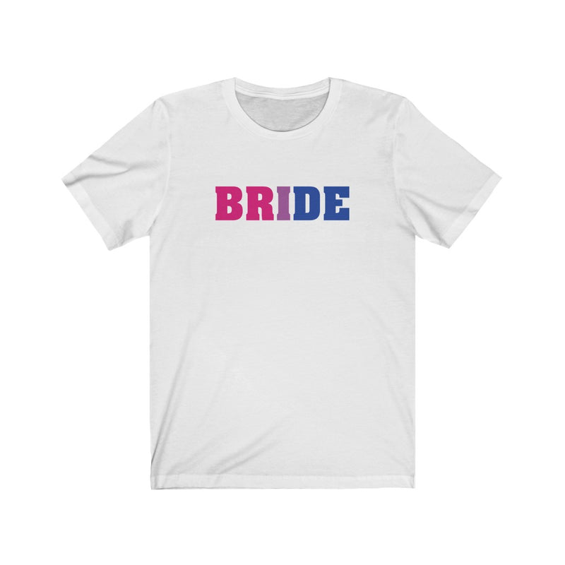 Wedding Day White Crewneck Tshirt with BRIDE in Bi-sexual Pride Colored Block Letters 