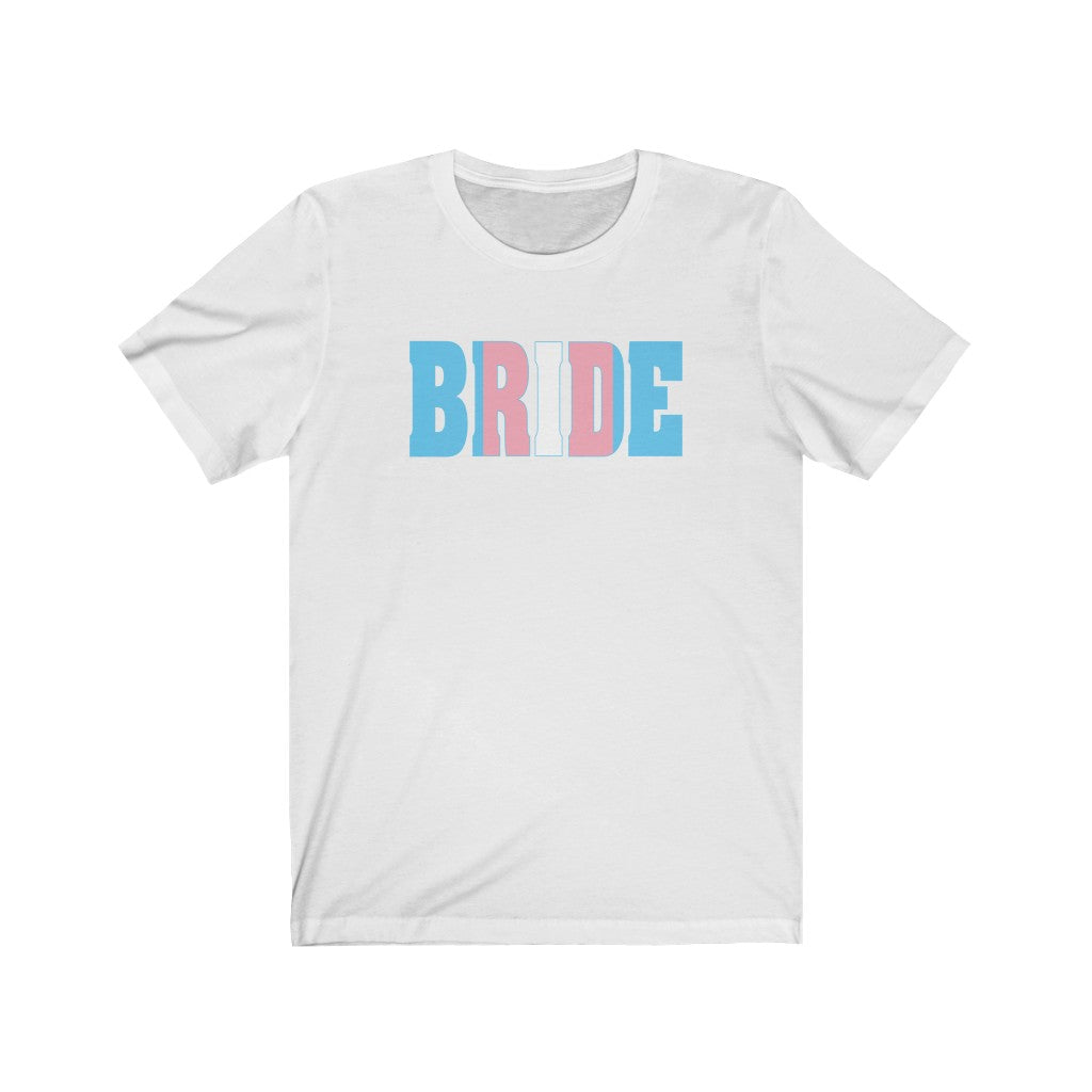 Wedding Day White Crewneck Tshirt with BRIDE in Transgender Pride Colored Block Letters