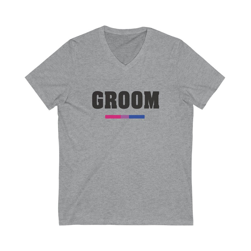 Wedding Day Athletic Heather Grey V-neck Tshirt with GROOM in Black Block Letters - Bi-sexual Pride Colors Underline
