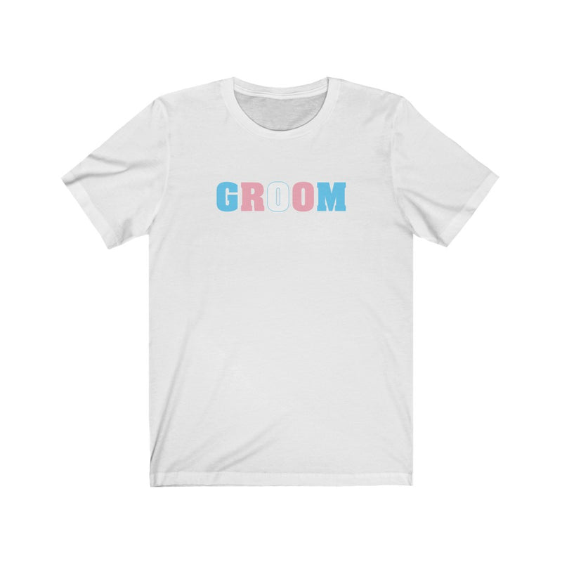 Wedding Day White Crewneck Tshirt with GROOM in Transgender Pride Colored Block Letters