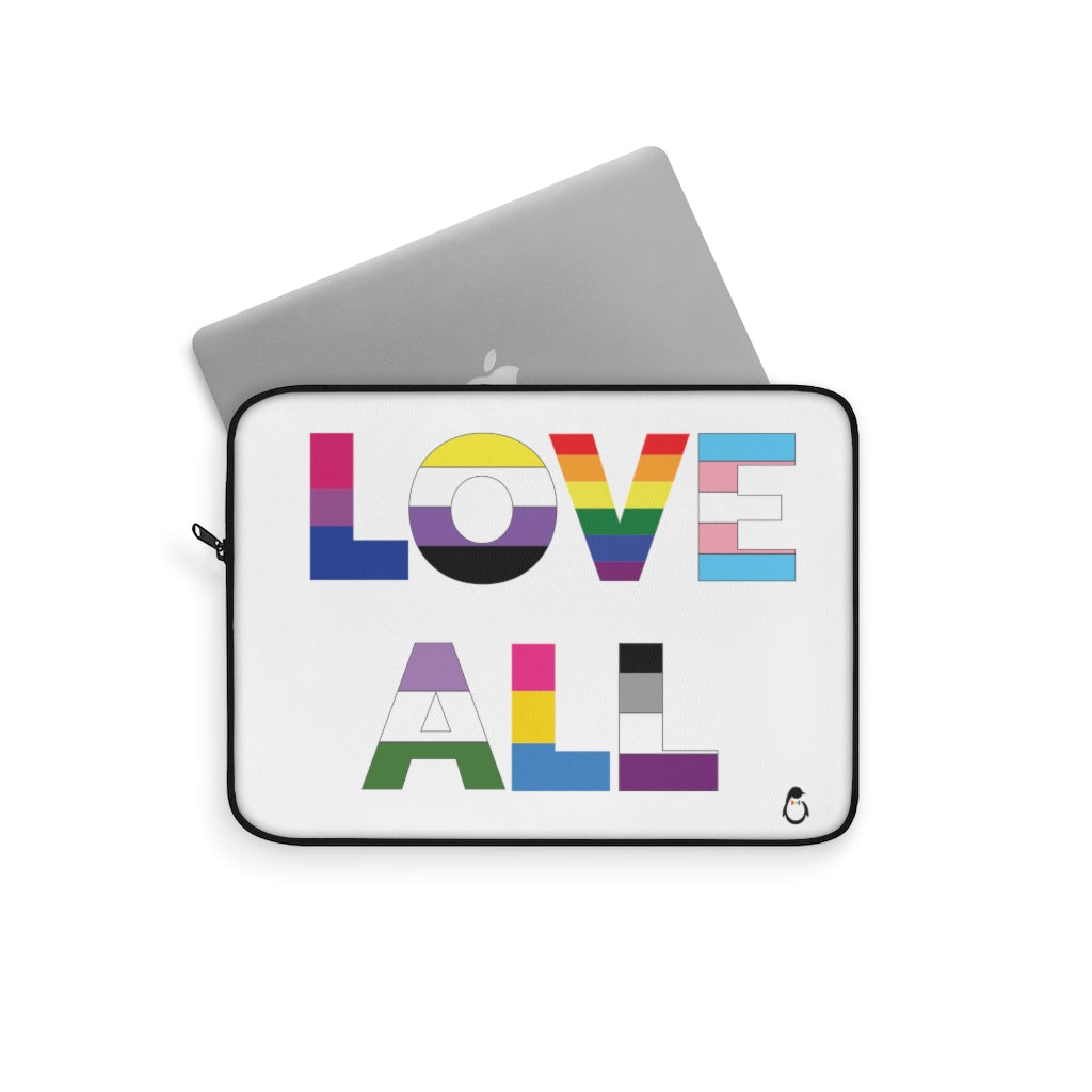 Laptop Sleeve with Love All in LGBTQ+ Rainbow Block Letters - Computer Peeking Out of Sleeve