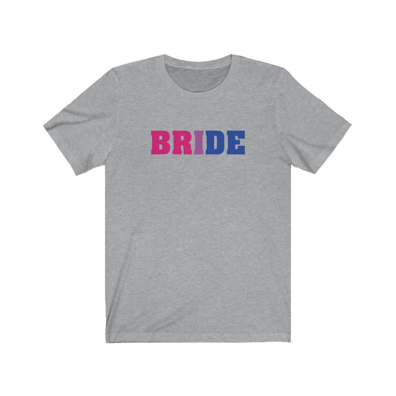Wedding Day Athletic Heather Grey Crewneck Tshirt with BRIDE in Bi-sexual Pride Colored Block Letters 