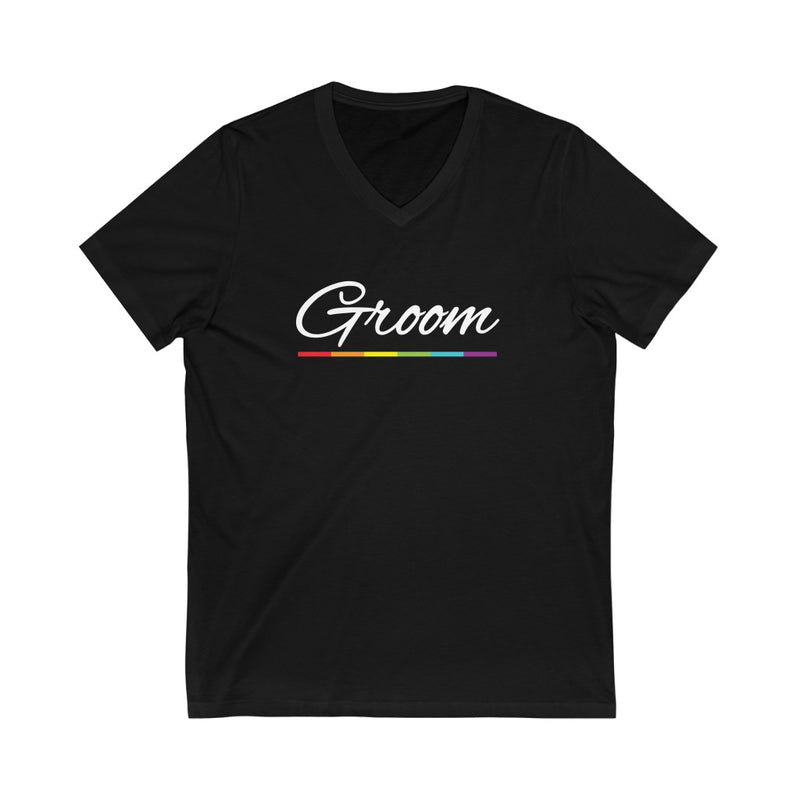 Wedding Day Black V-Neck Tshirt with Groom in White Cursive - LGBTQ+ Rainbow Underline