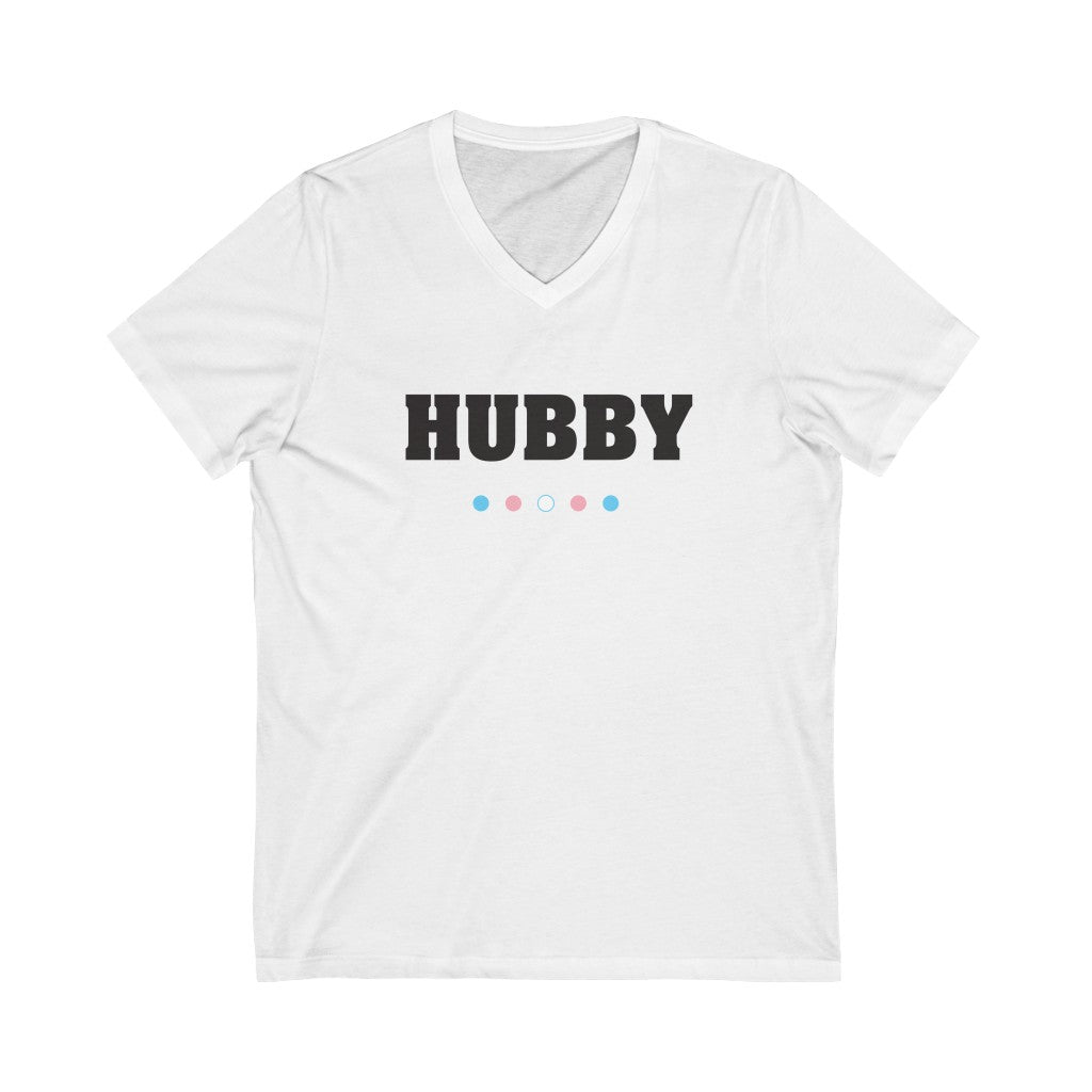 White V-Neck Tshirt with HUBBY in Black Block Letters - Transgender Pride Dot Underline