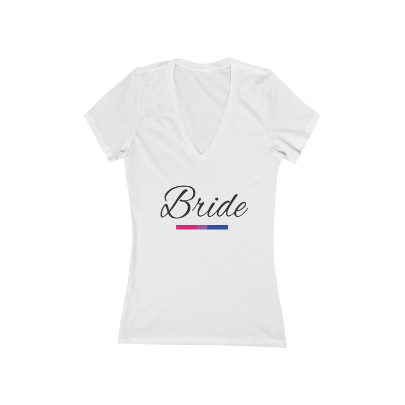 Wedding Day White Fitted V-neck Tshirt with Bride in Black Cursive - Bi-sexual Pride Underline