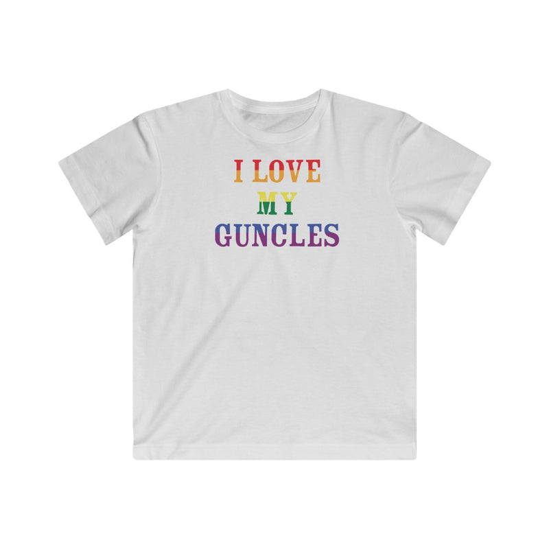 Kids White Crewneck Tshirt with I LOVE MY GUNCLES in Rainbow Text