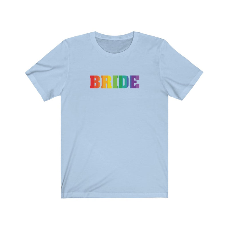 LGBTQ+ Wedding Day Baby Blue Crewneck Tshirt with BRIDE in Vertical Stripe Rainbow Pride Colored Block Letters