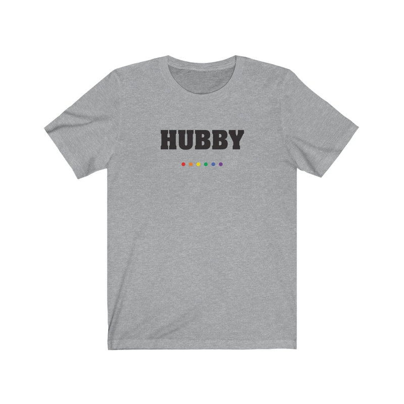 Athletic Heather Grey Crewneck Tshirt with HUBBY in Black Block Letters - LGBTQ+ Rainbow Pride Dot Underline