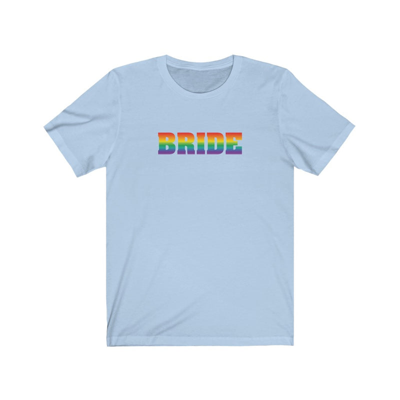 LGBTQ+ Wedding Day Baby Blue Crewneck Tshirt with BRIDE in Rainbow Pride Colored Block Letters
