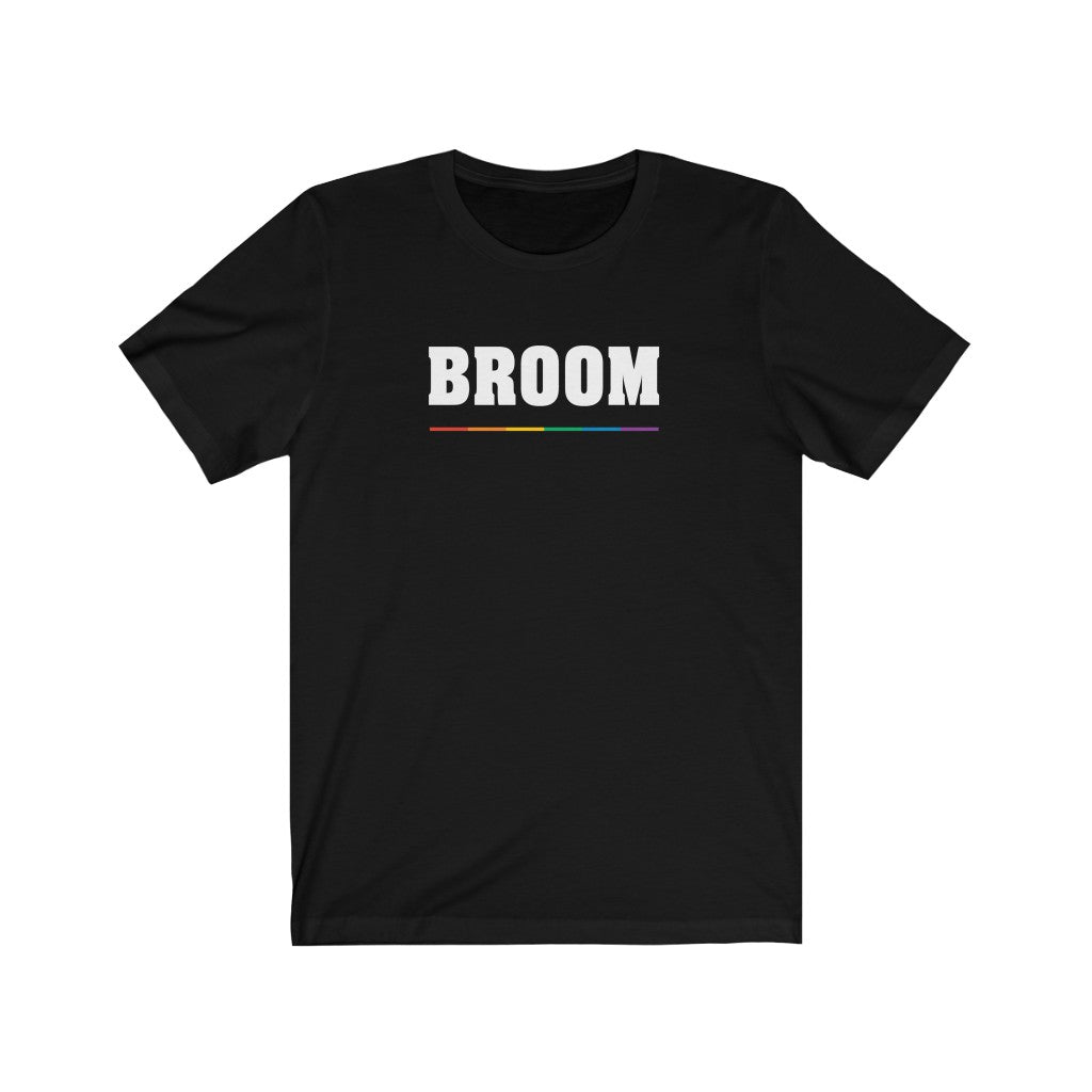 Black Crewneck Tshirt with BROOM in White Block Letters - Rainbow Pride Underline