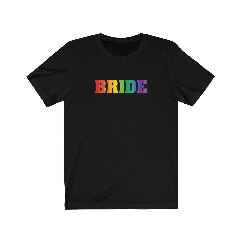 LGBTQ+ Wedding Day Black Crewneck Tshirt with BRIDE in Vertical Stripe Rainbow Pride Colored Block Letters