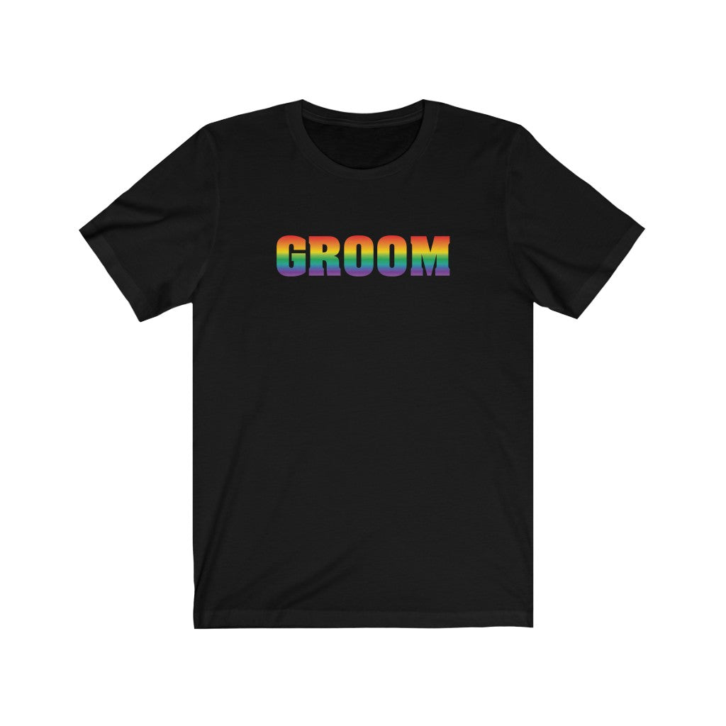 Wedding Day Black Crewneck Tshirt with GROOM in Rainbow Block Letters