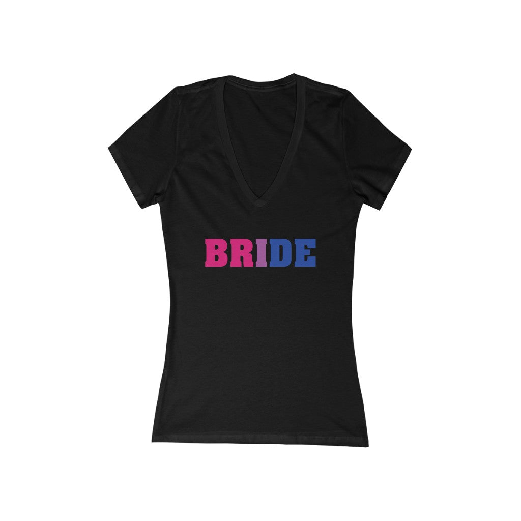 Black V-Neck Tshirt with BRIDE in Bi-sexual Pride Colored Block Letters 