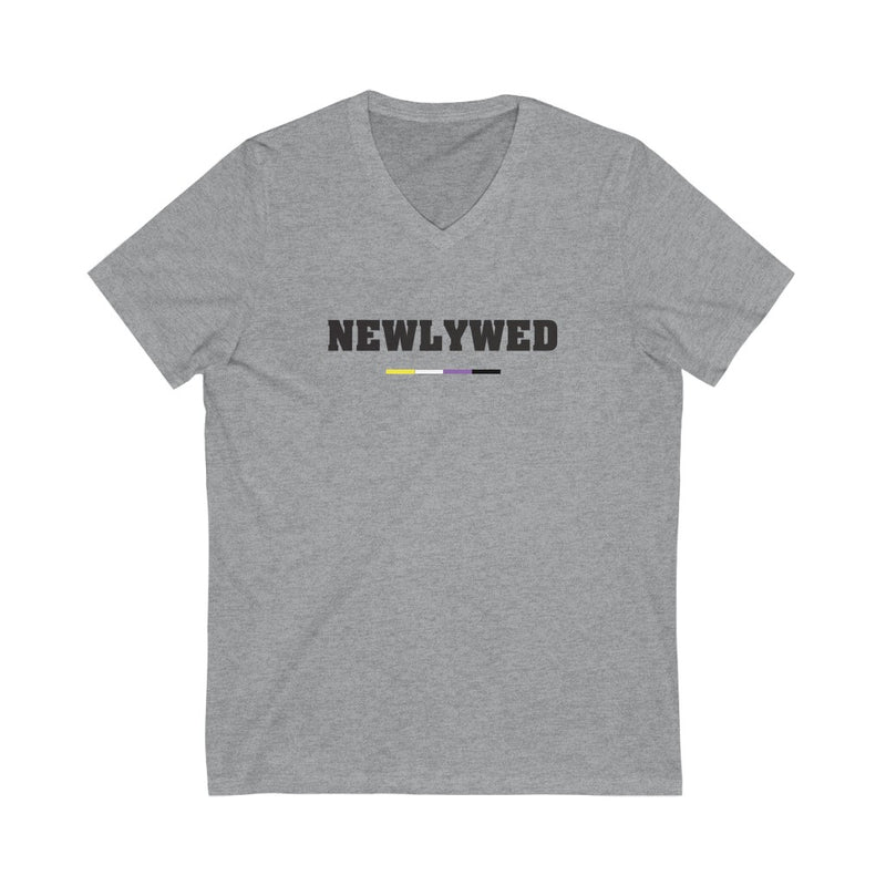 Athletic Heather Grey V-Neck Tshirt with NEWLYWED in Black Block Letters - Non-Binary Pride Underline