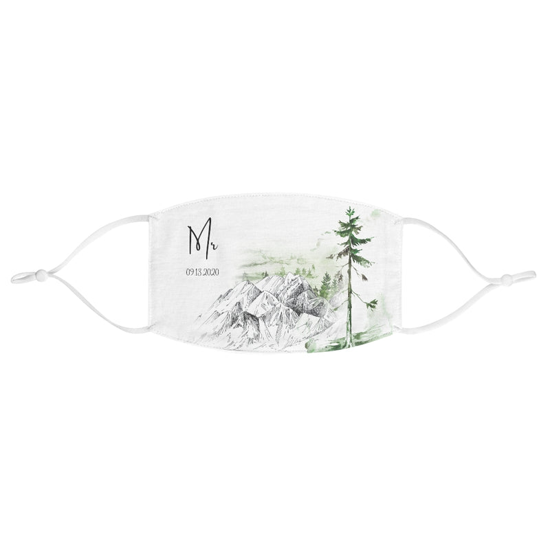 White Fabric Face Mask with Mountains and Trees - Mr in Cursive - Customizable Date