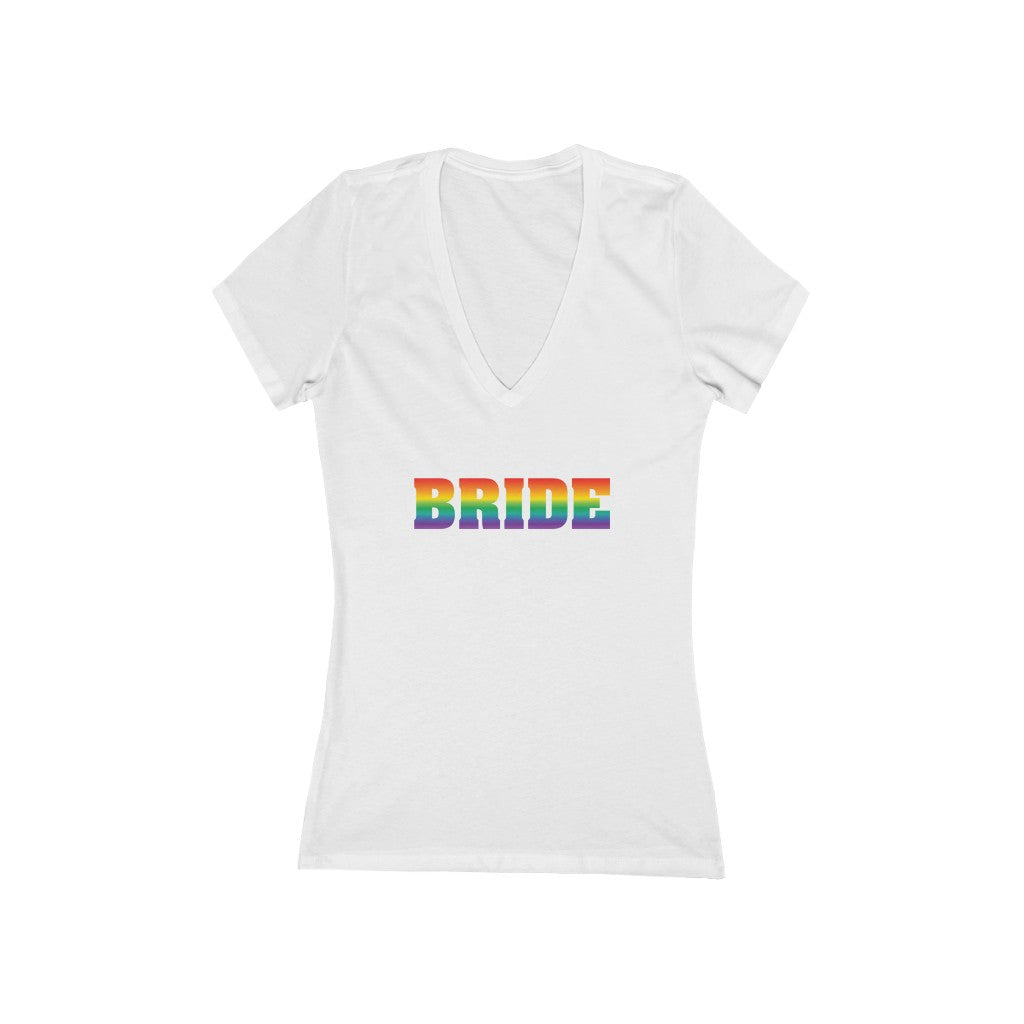 LGBTQ+ Wedding Day White Fitted V-Neck Tshirt with BRIDE in Rainbow Pride Colored Block Letters