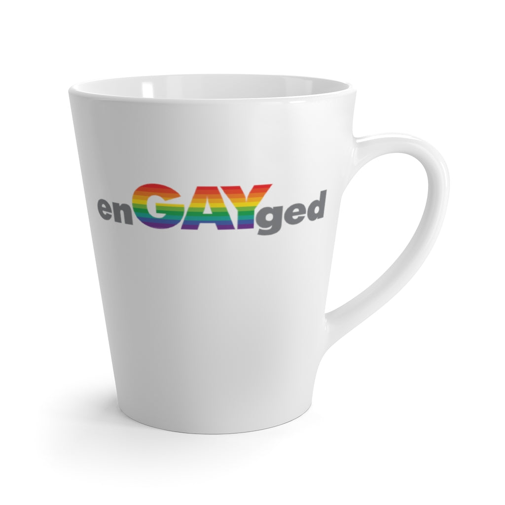 White Mug - enGAYged in Gray and LGBTQ+ Rainbow Block Letters - Front View