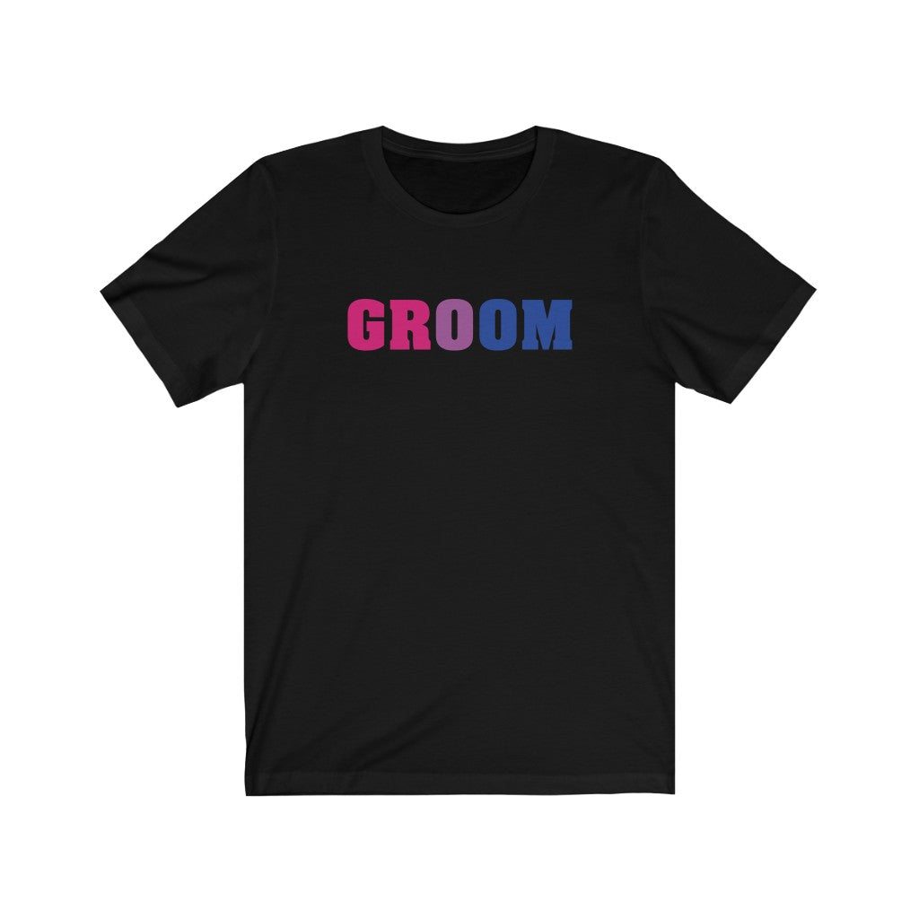 Wedding Day Black Crewneck Tshirt with GROOM in Bi-sexual Pride Colored Block Letters 