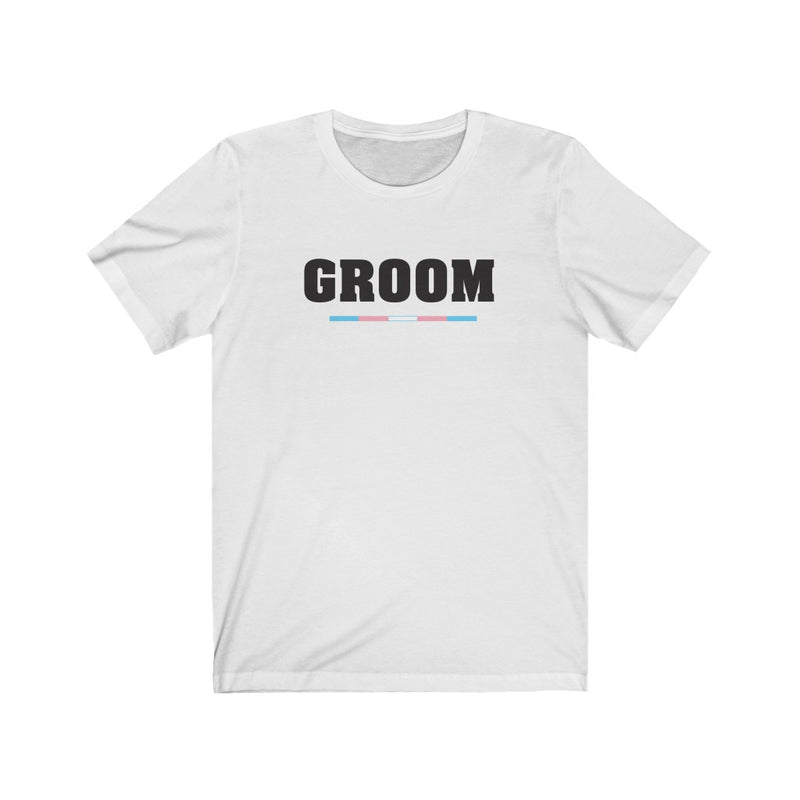 Wedding Day White Crewneck Tshirt with GROOM in Black Block Letters - Transgender Pride Underline