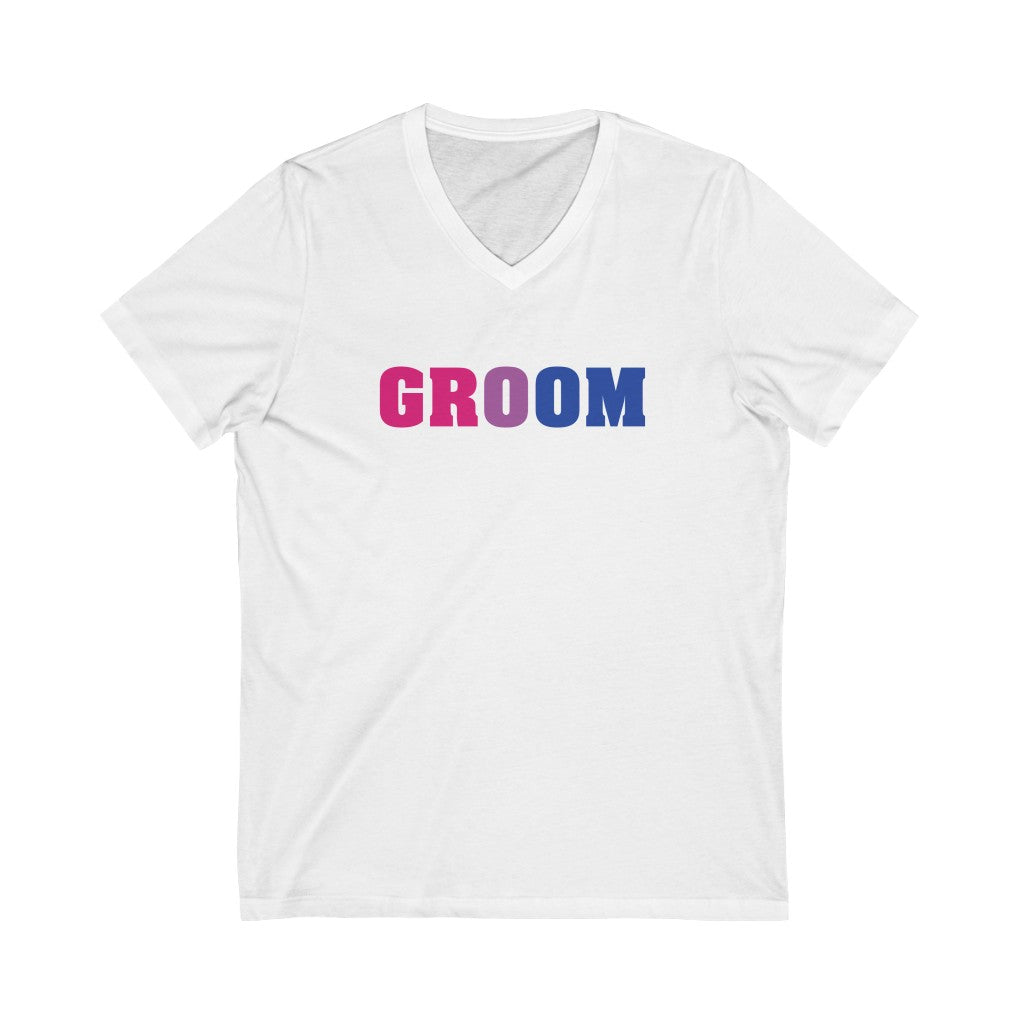 Wedding Day White V-Neck Tshirt with GROOM in Bi-sexual Pride Colored Block Letters 