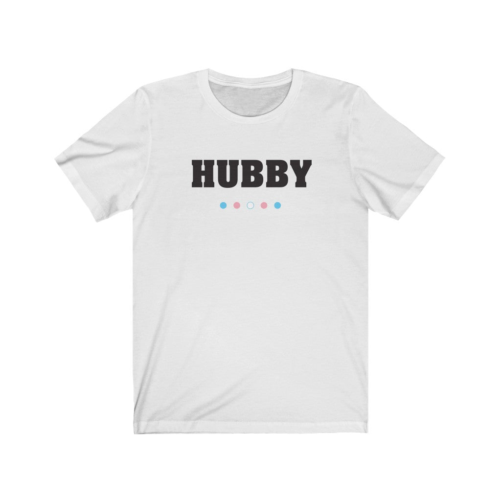 White Crewneck Tshirt with HUBBY in Black Block Letters - Transgender Pride Dot Underline