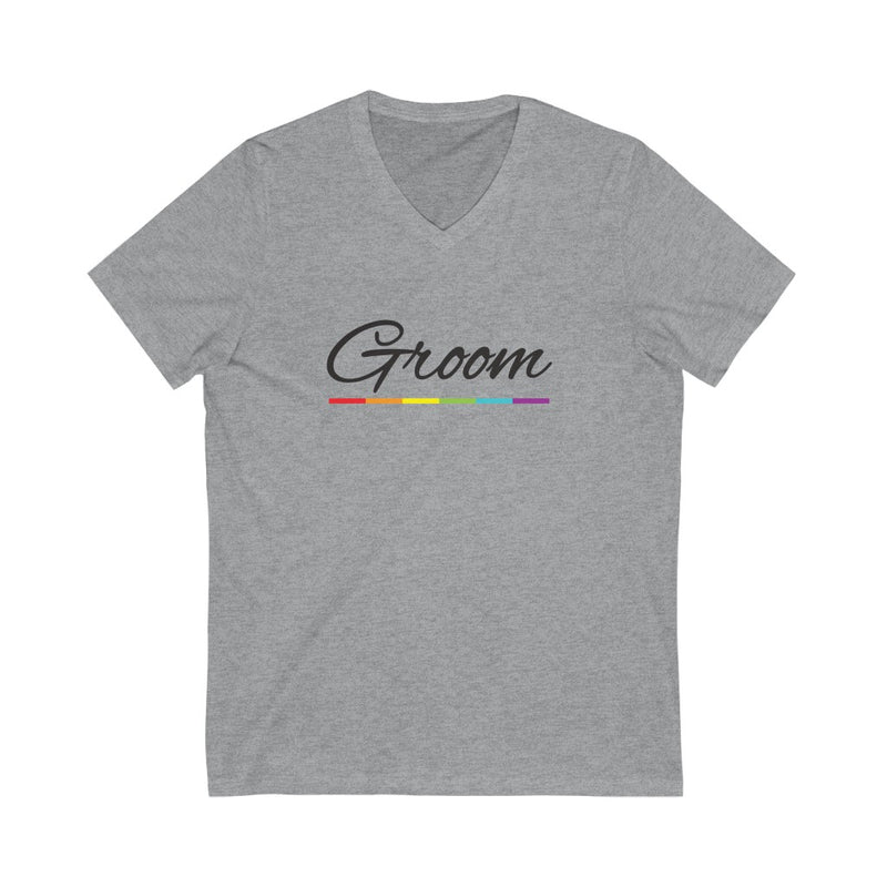 Wedding Day Athletic Heather Grey V-Neck Tshirt with Groom in Black Cursive - LGBTQ+ Rainbow Underline