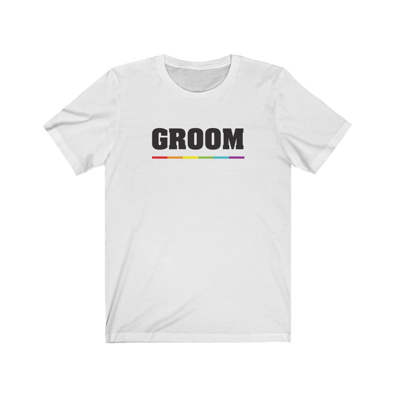 Wedding Day White Crewneck Tshirt with GROOM in Black Block Letters - LGBTQ+ Rainbow Pride Underline