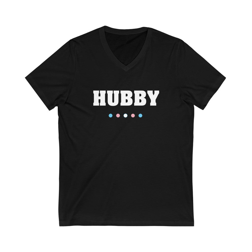 Black V-Neck Tshirt with HUBBY in White Block Letters - Transgender Pride Dot Underline