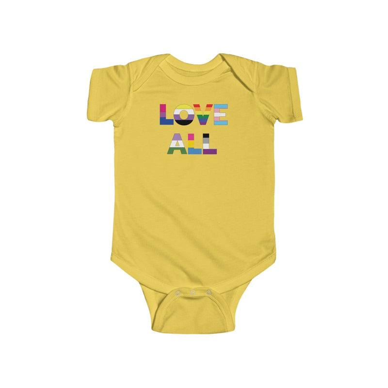 Butter Yellow Infant Bodysuit with LOVE ALL in Rainbow Block Letters