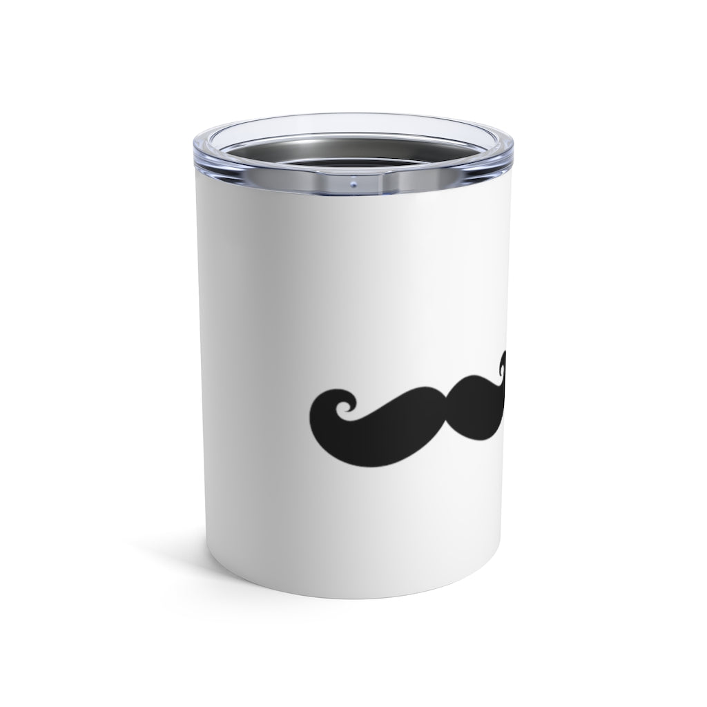 Stainless Steel White Tumbler With a Black Mustache - Front View with Lid On