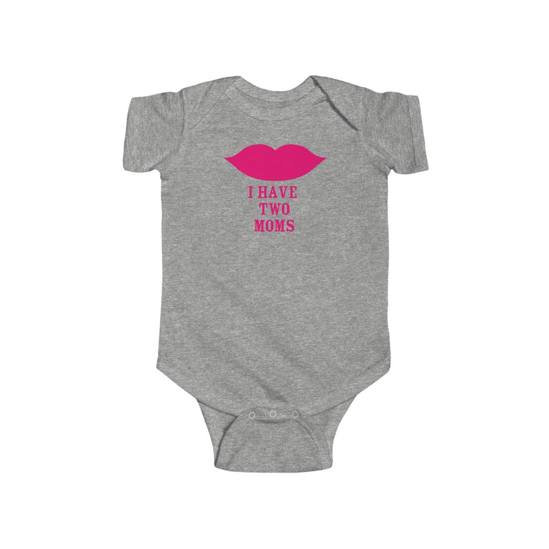 Heather Grey Infant Bodysuit with Cartoon Lips - I Have Two Moms in Pink Lettering