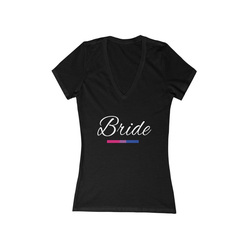 Wedding Day Black Fitted V-neck Tshirt with Bride in White Cursive - Bi-sexual Pride Underline