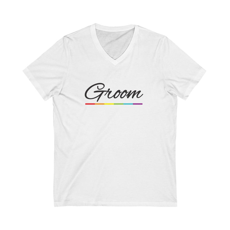 Wedding Day White V-Neck Tshirt with Groom in Black Cursive - LGBTQ+ Rainbow Underline