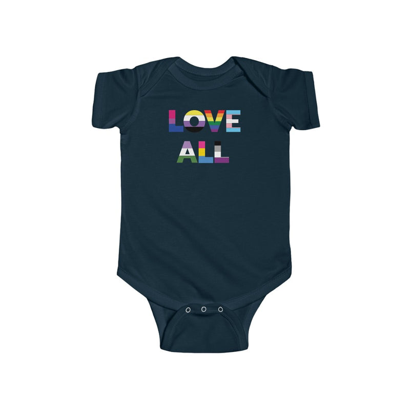 Navy Blue Infant Bodysuit with LOVE ALL in Rainbow Block Letters