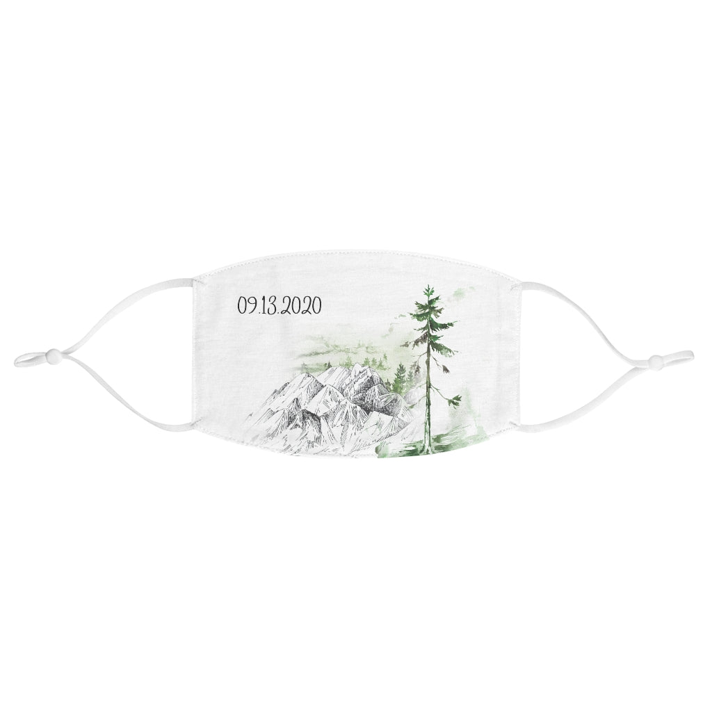 White Fabric Face Mask - Adjustable Ear Loops - Mountains and Tree Print - Customizable Date