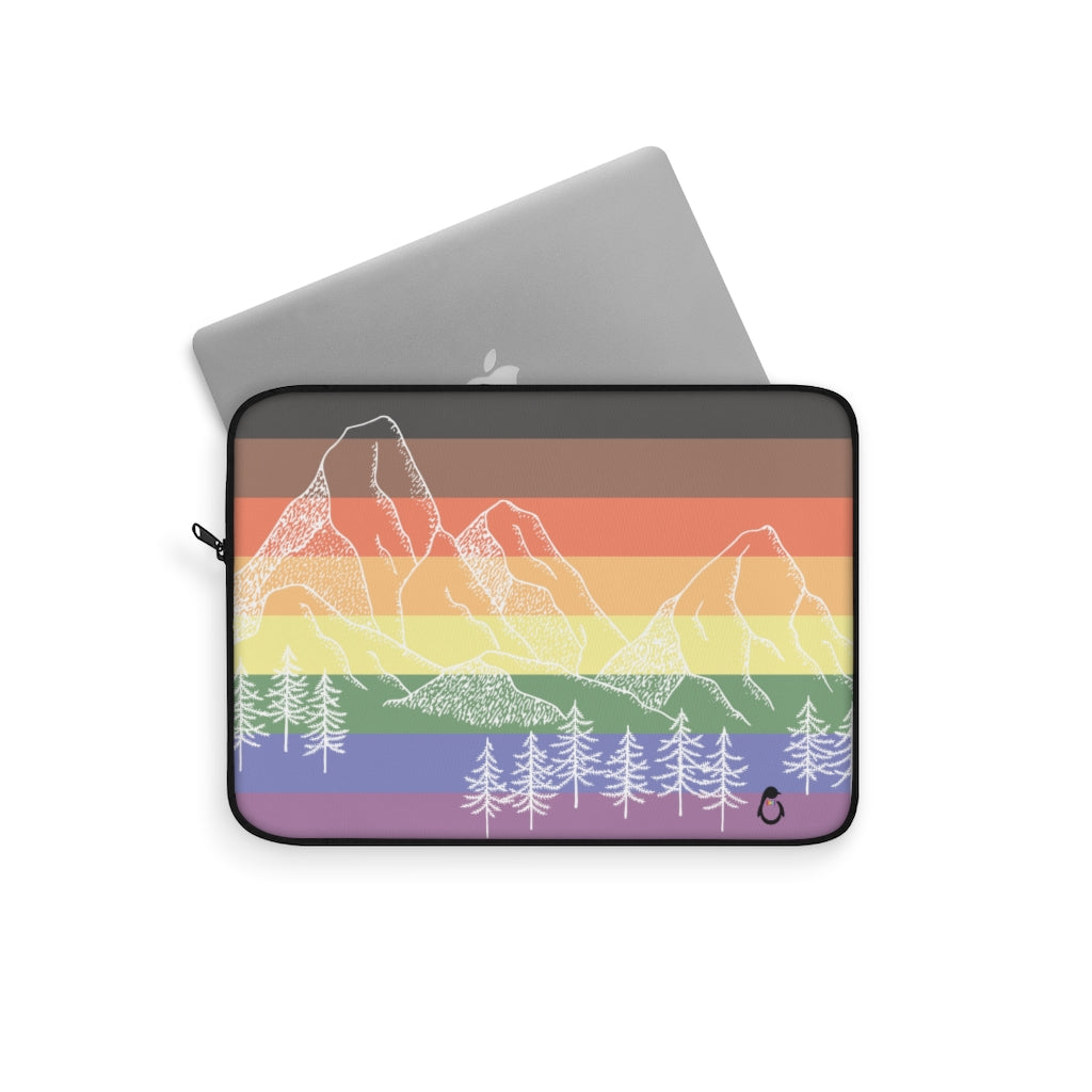 LGBT Pride Flag with Mountains and Trees - Laptop Sleeve - Laptop Peeking Out
