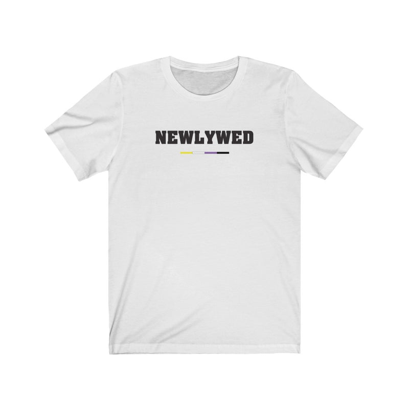White Crewneck Tshirt with Newlywed in Black Block Letters - Non-Binary Pride Underline
