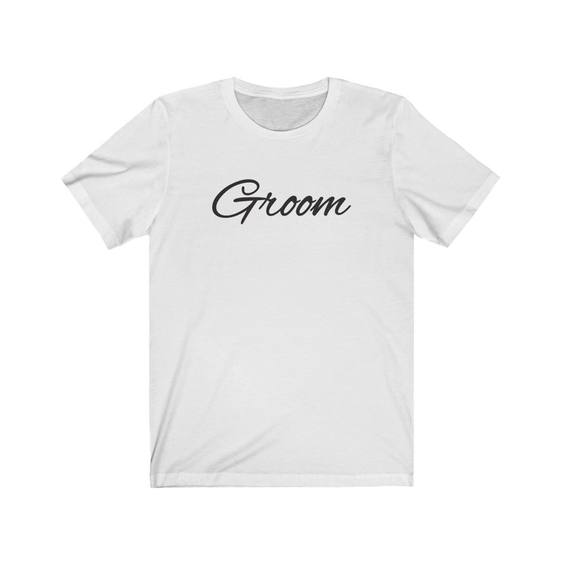 Wedding Day White Crewneck Tshirt with Groom in Black Cursive