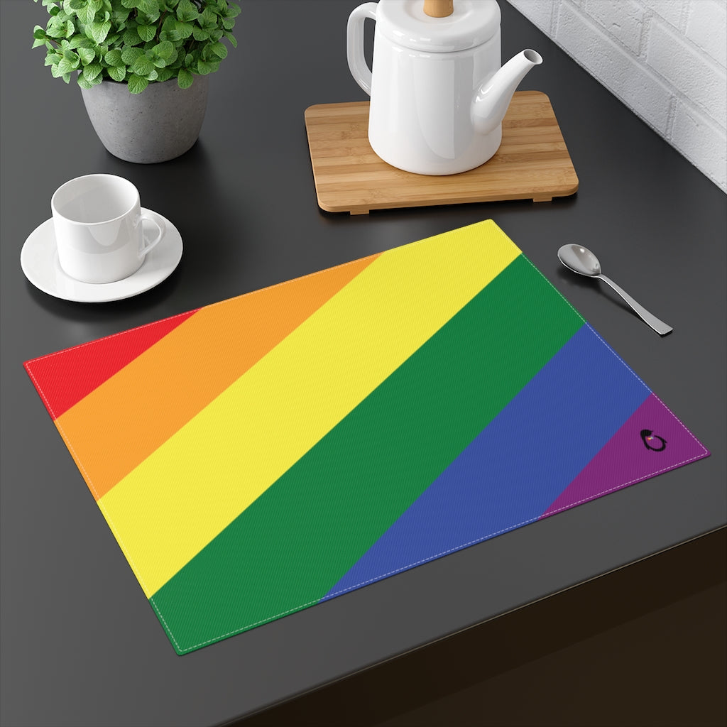 LGBTQ+ Rainbow Pride Flag Placemat - On Table with Mug and Teapot