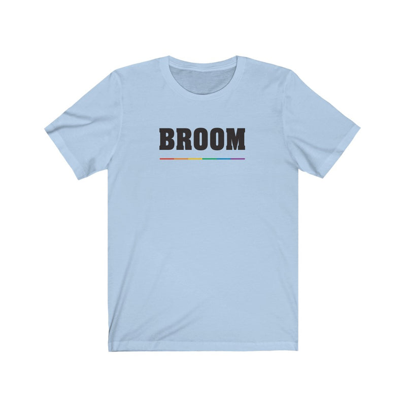 Baby Blue Crewneck Tshirt with BROOM in Black Block Letters - Rainbow Pride Underline