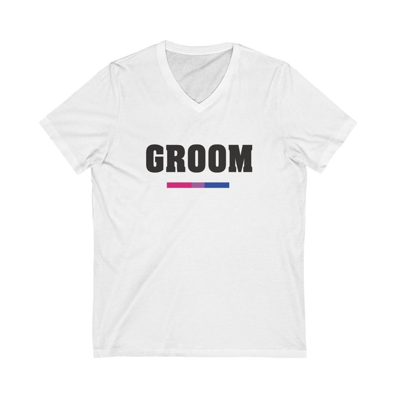 Wedding Day White V-neck Tshirt with GROOM in Black Block Letters - Bi-sexual Pride Colors Underline