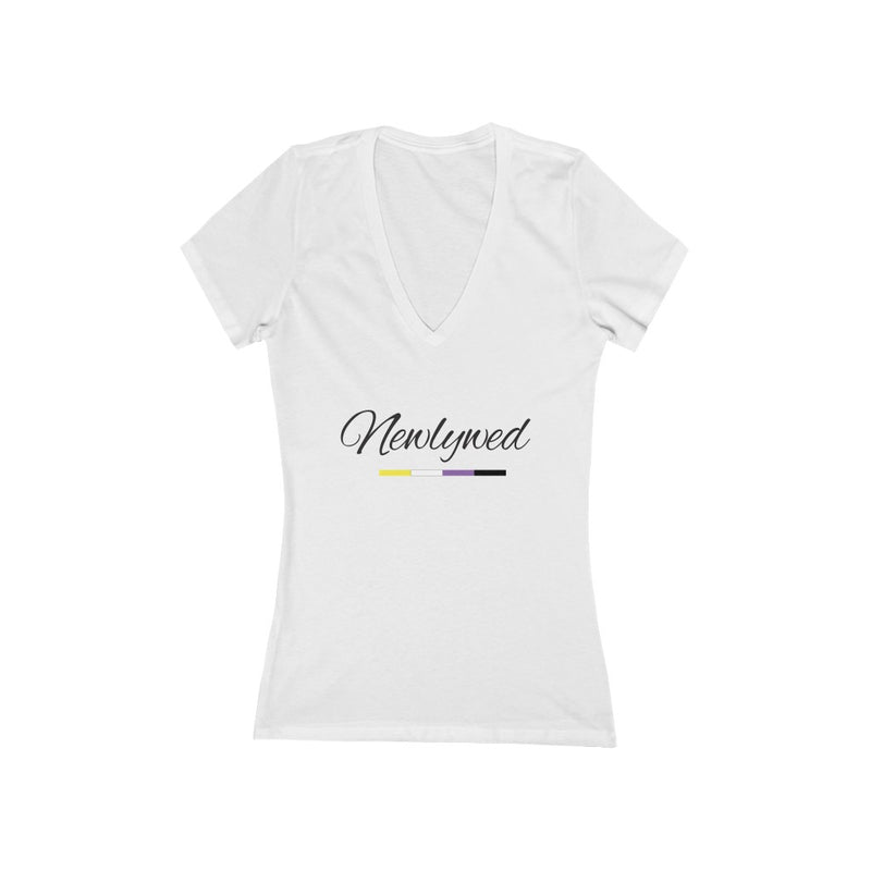 White V-Neck Tshirt with Newlywed in Black Cursive - Non-Binary Pride Underline