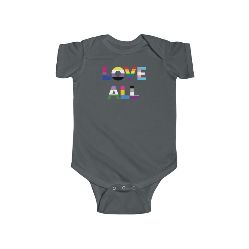Charcoal Grey Infant Bodysuit with LOVE ALL in Rainbow Block Letters