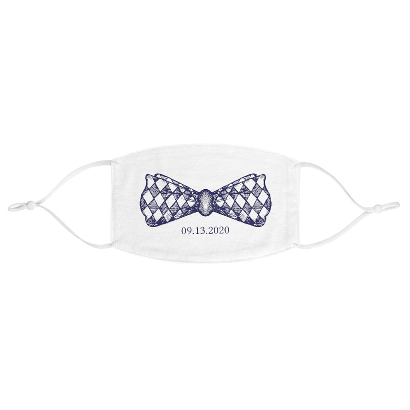 White Cloth Mask with Blue and White Bow Tie Image and Date - Adjustable Ear Loops