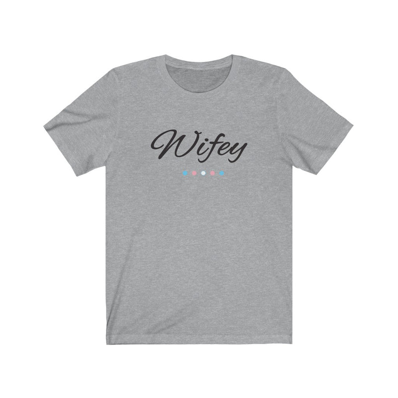 Athletic Heather Grey Crewneck Tshirt with Wifey in Black Cursive - Transgender Pride Dot Underline