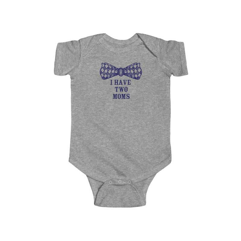 Heather Grey Infant Bodysuit with Checkered Bowtie - I Have Two Moms in Blue Lettering